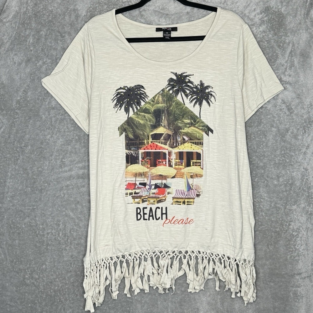 Style & Co 1X Top Shirt Beige Beach Graphic Short Sleeve Scoop Neck Fringe Knit